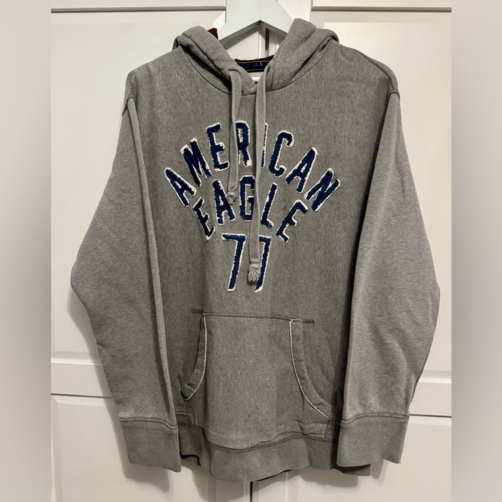 American Eagle Outfitters Vintage Gray Pullover Hoodie w Embroidered Graphic L